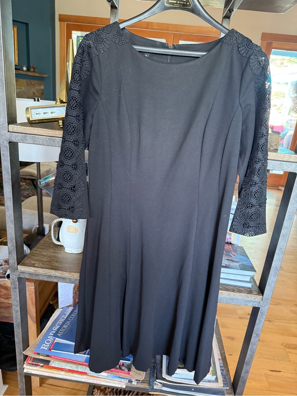 Talbots Black Dress with Lace Three-Quarter Sleeves